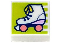 LEGO part Tile 1 x 1 with Roller Skate with Yellow Laces, Bright Pink Heel, and Coral Wheels on Lime Background with Stripes Pattern 3070pb238