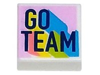 LEGO part Tile 1 x 1 with Dark Blue 'GO TEAM' with Coral, Yellow, Lime, and Dark Azure Highlights on Bright Pink Background Pattern 3070pb248