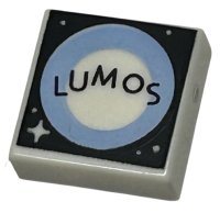 LEGO part Tile 1 x 1 with 'LUMOS', Bright Light Blue Circle, Dots and Sparkle on Black Background Pattern 3070pb316