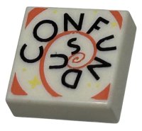 LEGO part Tile 1 x 1 with Black 'CONFUNDUS', Coral Spiral, and Bright Light Yellow Dots and Sparkle Pattern 3070pb318