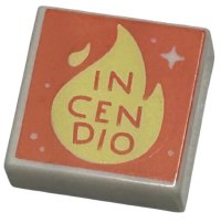 LEGO part Tile 1 x 1 with 'INCENDIO', Bright Light Yellow Flame, Dots and Sparkle on Coral Background Pattern 3070pb320