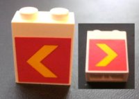 LEGO part Mattone 1 x 2 x 2 con Supporto Assale Interno con Motivo Chevron Giallo su Sfondo Rosso su Entrambi i Lati (Adesivi) - Set 1255 3245bpb09