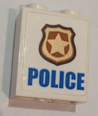 LEGO part Mattone 1 x 2 x 2 con Supporto Perno Interno con Motivo 'POLICE' Blu, Distintivo Oro e Rame (Adesivo) - Set 60139 3245cpb108