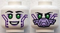 LEGO part Minifigure, Head Dual Sided Alien Female Robot with Black Eyebrows, Single Eyelashes, Bright Green Eyes, Lavender Eye Shadow and Lips, Dark Purple Circuitry, Open Mouth Smile / Face Mask Pattern 3626pb3809