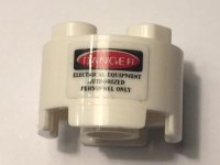 LEGO part Brick, Round 2 x 2 with Axle Hole with 'DANGER' and 'ELECTRICAL EQUIPMENT AUTHORIZED PERSONNEL ONLY' Pattern (Sticker) - Set 10274 3941pb35