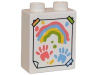 LEGO part Duplo, Brick 1 x 2 x 2 with Painting with Coral, Medium Blue, Yellow, and Lime Rainbow, Hand Prints, and Splotches, Taped on Wall Pattern 4066pb801