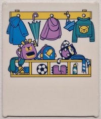 LEGO part Glass for Window 1 x 6 x 6 Flat Front with Dark Azure, Dark Turquoise, Medium Lavender and Yellow Coats, Jackets, Umbrella, School Bags, Shoes and Soccer Ball Pattern 42509pb10