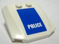 LEGO part Wedge 4 x 4 x 2/3 Triple Curved with White 'POLICE' on Blue Background Pattern (Sticker) - Set 7741 45677pb002