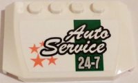 LEGO part Wedge 4 x 6 x 2/3 Triple Curved with 'Auto Service 24-7' and Orange Stars on White Background Pattern (Sticker) - Set 60081 52031pb089