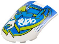 LEGO part Windscreen 8 x 6 x 2 Curved with Blue, Dark Azure, and Lime Arrows and 'BLOb" Pattern 5274pb01