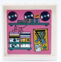 LEGO part Panel 1 x 6 x 5 with Shelves, Vinyl Records, CDs and Poster with Music Notes on Dark Pink Background Pattern (Sticker) - Set 41450 59349pb316