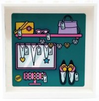 LEGO part Panel 1 x 6 x 5 with Shelf, Mirror, Handbags, Necklaces, Shoes and Price Tags on Dark Turquoise Background Pattern (Sticker) - Set 41450 59349pb318