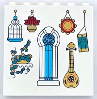 LEGO part Panel 1 x 6 x 5 with Dark Turquoise and Red Plant, Gold Lute, Medium Azure Bird Cage and Arched Window, Mirror and Drum Pattern 59349pb332