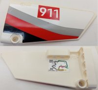 LEGO part Technic, Panel Fairing #18 Large Smooth, Side B with White '911' on Red Rectangle and Gray, Red and Black Curved Stripes Pattern (Sticker) - Set 42096 64682pb031