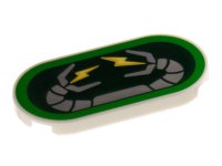LEGO part Tile, Round 2 x 4 Oval with Light Bluish Gray Robot Arms, Yellow Lightning on Dark Green Background Pattern 66857pb014