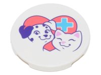 LEGO part Tile, Round 3 x 3 with Coral Heart with Medium Azure Cross, Smiling Dog and Cat Pattern 67095pb016