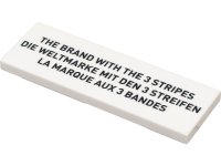 LEGO part Tile 2 x 6 with Black 'THE BRAND WITH THE 3 STRIPES', 'DIE WELTMARKE MIT DEN 3 STREIFEN', and 'LA MARQUE AUX 3 BANDES' Pattern 69729pb006