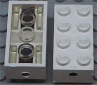 LEGO part Brick, Modified 2 x 4 with Wheels Holder, Trans-Clear Bottom 7049c02