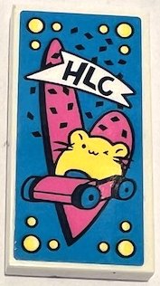 LEGO part Tile 2 x 4 with 'HLC', Bright Light Yellow Hamster Driving Car and Dark Pink Heart on Dark Azure Background Pattern (Sticker) - Set 41383 87079pb1202