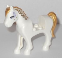 LEGO part Horse with 2 x 2 Cutout with Lavender Eyes and Face Decoration, Gold Mane and Tail Pattern 93083c01pb08