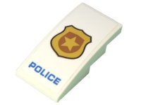 LEGO part Slope, Curved 4 x 2 with Black Outlined Gold Badge  and Blue 'POLICE' Pattern (Sticker) - Set 60239 93606pb108