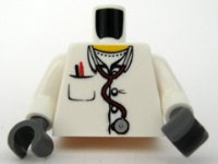 LEGO part Torso Hospital Lab Coat, Open Collar, Stethoscope, Pocket Pen, and Thermometer Pattern / White Arms / Dark Bluish Gray Hands 973pb0408c02