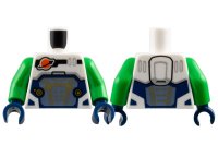 LEGO part Torso Reddish Orange and Black Classic Space Logo, Sand Blue Panel with Gold Lines, Dark Blue Trim Pattern / Bright Green Arms / Dark Blue Hands 973pb5515c04