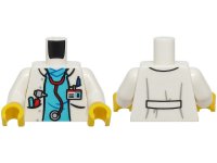 LEGO part Torso Hospital Lab Coat Open, Medium Azure Scrubs, Red and Silver Stethoscope, ID Badge, Otoscope and Pen in Pockets Pattern (BAM) / White Arms / Yellow Hands 973pb6090c01