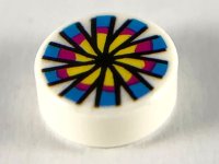 LEGO part Tile, Round 1 x 1 with Yellow, Magenta and Dark Azure Flower and Chinese Pellet Drum Pattern 98138pb119