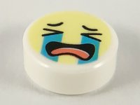LEGO part Tile, Round 1 x 1 with Emoji, Bright Light Yellow Face, Crying Medium Azure Tear Streams, Open Mouth with Coral Tongue Pattern 98138pb138