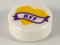 LEGO part Tile, Round 1 x 1 with Bright Light Orange Heart and Banner with Dark Purple 'BFF' Pattern 98138pb148