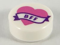 LEGO part Tile, Round 1 x 1 with Dark Pink Heart and Banner with Dark Purple 'BFF' Pattern 98138pb149