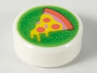 LEGO part Tile, Round 1 x 1 with Yellow Pizza Slice with Coral Crust and Pepperoni on Bright Green Background Pattern 98138pb164
