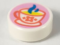 LEGO part Tile, Round 1 x 1 with Steaming Teacup with Coral Outline and Flower, Yellow Drink, and Dark Azure Steam Pattern 98138pb165
