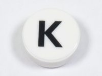 LEGO part Tile, Round 1 x 1 with Black Capital Letter K Pattern 98138pb221