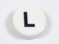 LEGO part Tile, Round 1 x 1 with Black Capital Letter L Pattern 98138pb222