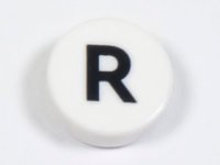 LEGO part Tile, Round 1 x 1 with Black Capital Letter R Pattern 98138pb228