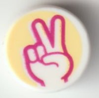 LEGO part Tile, Round 1 x 1 with Peace Sign Hand with Magenta Outline on Bright Light Yellow Background Pattern 98138pb244