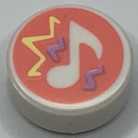 LEGO part Tile, Round 1 x 1 with Music Note with Bright Light Yellow and Lavender Sound Waves on Coral Background Pattern 98138pb317