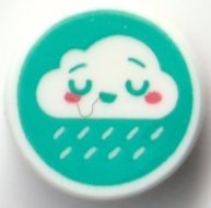 LEGO part Tile, Round 1 x 1 with Rain Cloud with Face, Closed Eyes, and Coral Cheeks on Dark Turquoise Background Pattern 98138pb352