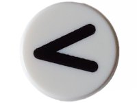 LEGO part Tile, Round 1 x 1 with Black Eye Shut Tight / Letter V / Less Than Sign / Greater Than Sign (Thin Line) Pattern 98138pb365
