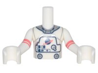 LEGO part Torso Mini Doll Boy Spacesuit with Silver Collar, Buttons, and Classic Space Logo Pattern, White Arms with Hands with Coral Stripes FTBpb070c01