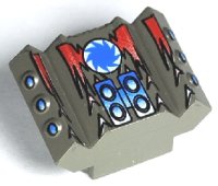 LEGO part Brick, Modified 2 x 2 No Studs, Sloped with Angled Side Block Extensions with Red Flames and Blue Saw Blade on White Circle Pattern 30601pb04