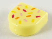 LEGO part Tile, Round 1 x 1 Half Circle Extended with Bright Pink, Magenta, Orange and Yellow Sprinkles Pattern 24246pb010