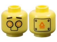 LEGO part Minifigure, Head Alien Robot Black Straight Eyebrows, Orange Circle Eyes, Warning Panel on Back Pattern - Vented Stud 3626pb3580