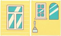 LEGO part Glass for Window 1 x 6 x 6 Flat Front with Window with Medium Azure Panes, White Frame and Reflections / Small Window, Curved Top Mirror, and Light Aqua Toilet Cleaning Brush Pattern 42509pb14