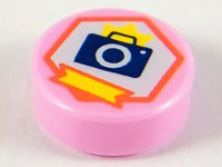 LEGO part Tile, Round 1 x 1 with Dark Blue Camera, Yellow Flash and Ribbon on White Hexagon with Coral Outline Pattern 98138pb180