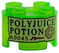 LEGO part Brick, Round 2 x 2 with Axle Hole with Tan Label with Black 'POLYJUICE POTION' and Dark Red 'A0045' and Symbol Pattern 3941pb60