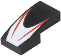 LEGO part Slope, Curved 2 x 1 x 2/3 with 2 Red Stripes on White Chevron Pattern 11477pb224