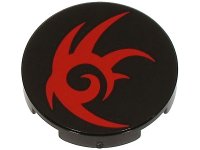 LEGO part Tile, Round 2 x 2 with Bottom Stud Holder with Red Tribal Symbol Pattern (Shadow the Hedgehog Logo) 14769pb658